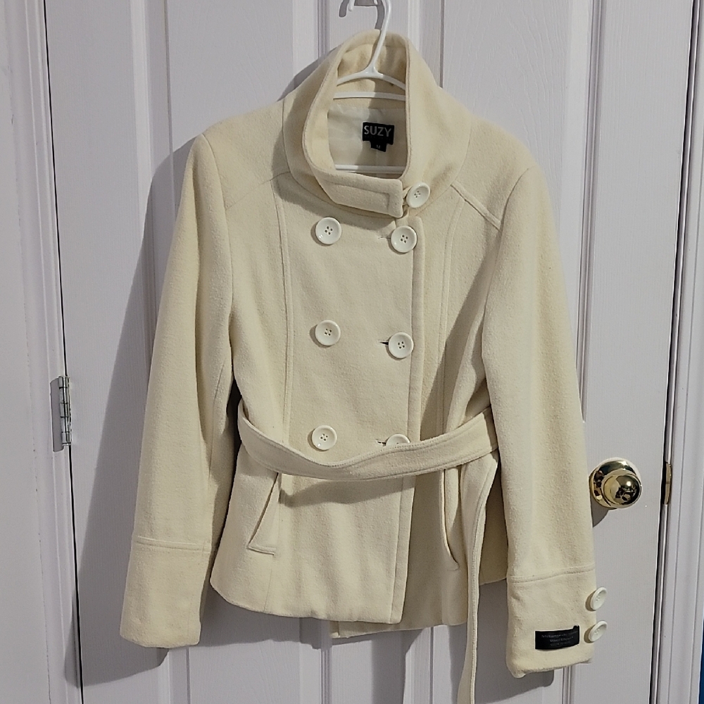 Suzy Shier Ivory Double-Breasted Pea Coat